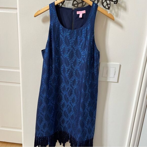 Lilly Pulitzer Marquette Shift Dress In True Navy Silk Leaf Jacquard M NWOT - Picture 3 of 14